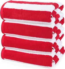 HomeLabels Luxury Premium Quality Cabana Beach Towels – Pack of 4 Cabana Stripe Pool Towels (30 x 60 Inches) Multi Purpose Towels with High Absorbency, Red