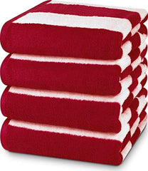 HomeLabels Luxury Premium Quality Cabana Beach Towels – Pack of 4 Cabana Stripe Pool Towels (30 x 60 Inches) Multi Purpose Towels with High Absorbency, Red