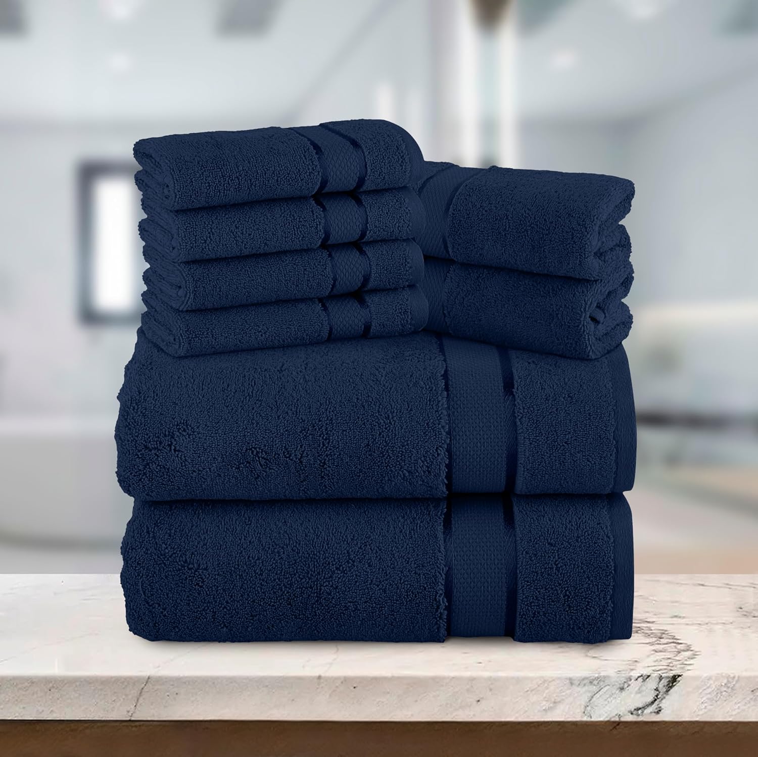 Home Labels 8 Pack Bath Towel Set Navy Blue for Kitchen and Bath - Premium 600 GSM 100% Ring-Spun Cotton 2 Bath Towels, 2 Hand Towels & 4 Washcloths - Quick Dry - Highly Absorbent - Perfect for Daily Use