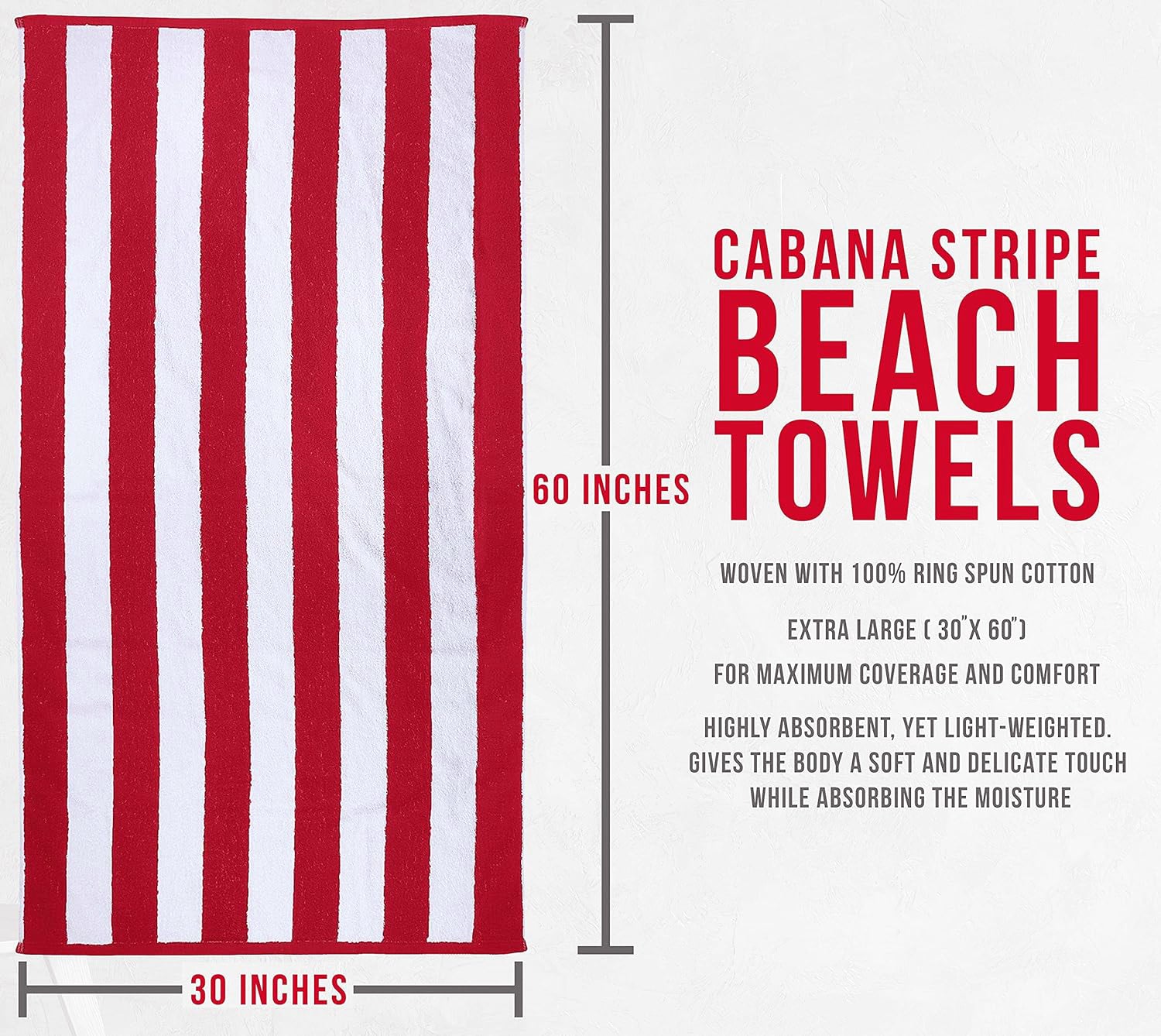 HomeLabels Luxury Premium Quality Cabana Beach Towels – Pack of 4 Cabana Stripe Pool Towels (30 x 60 Inches) Multi Purpose Towels with High Absorbency, Red