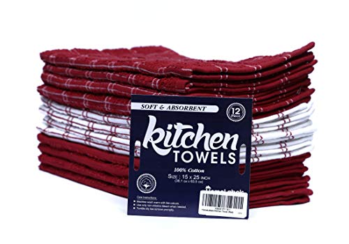 Home Labels Classic Kitchen Towel 12 Pack, 15 x 25 Inches, 100% Ring Spun Cotton Super Soft and Absorbent Linen Dish Towels, Tea Bar Set (Red)